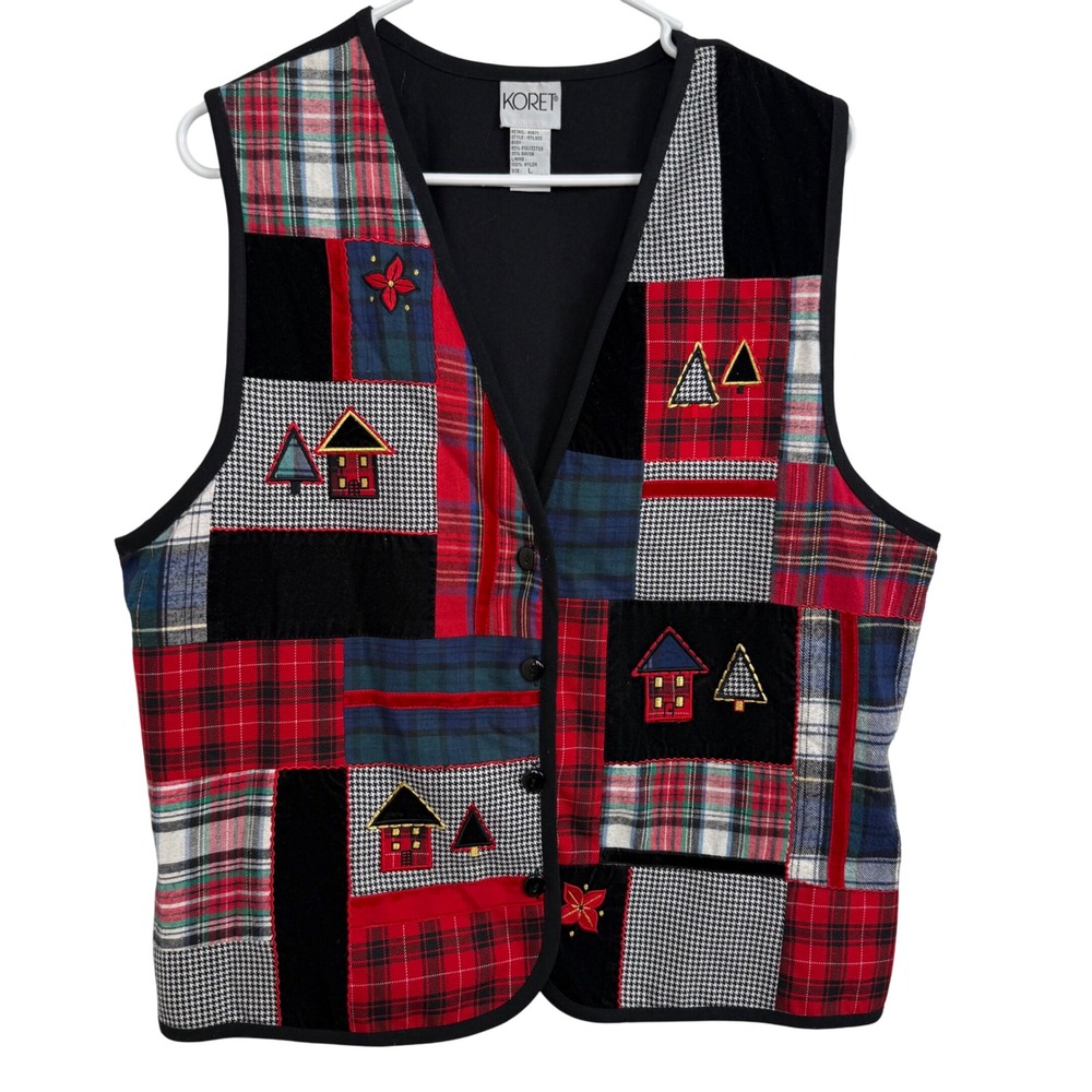 Vtg Koret Patchwork Vest L Plaid Houndstooth Cabi… - image 1